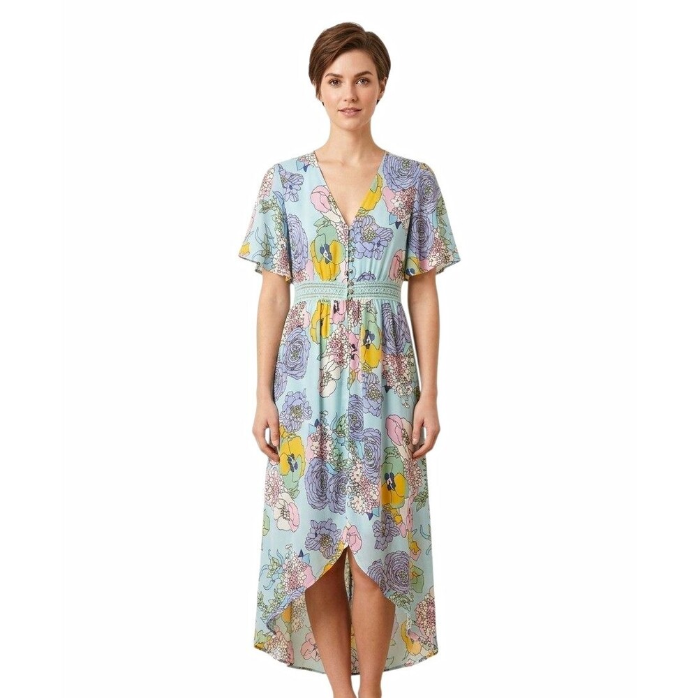 Dizzire Womens Robe S Blue Chiffon Floral V-Neck SS hi low Lace trim 3 buttons